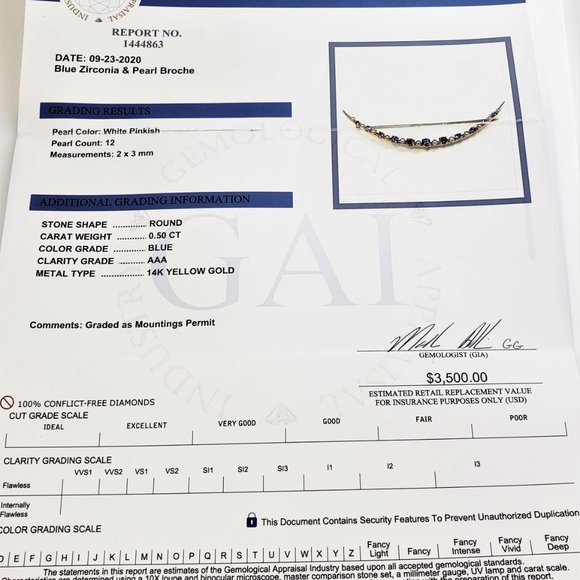 Vintage 14K Yellow Gold Blue Zircon & Pearl Crescent Moon Brooch/Pin GAI #8756 - Picture 8 of 8